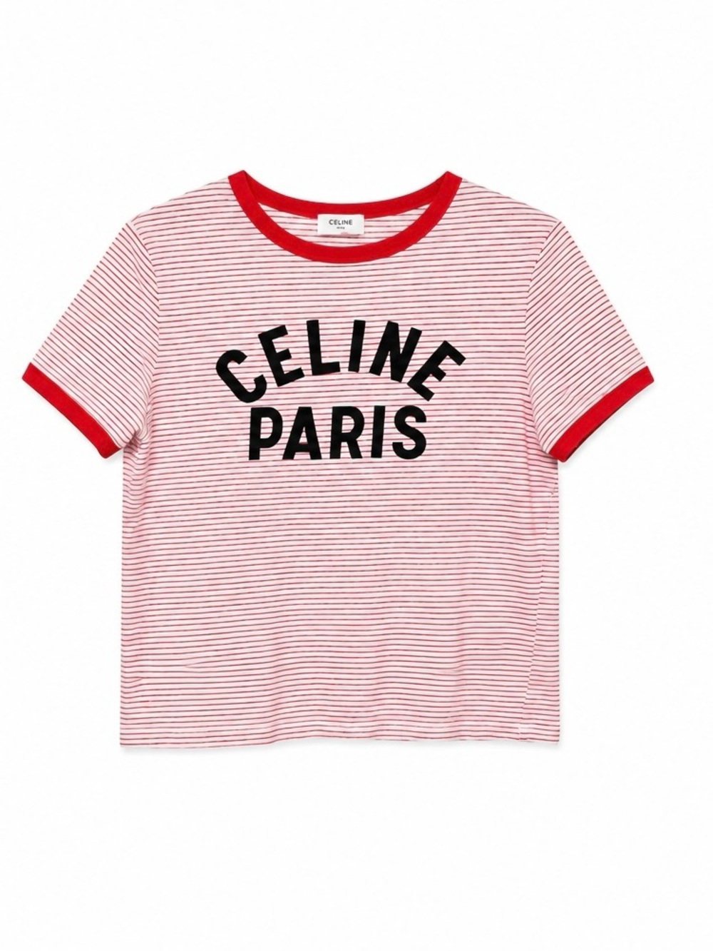 Celine Red & White Striped Logo Ringer Tee